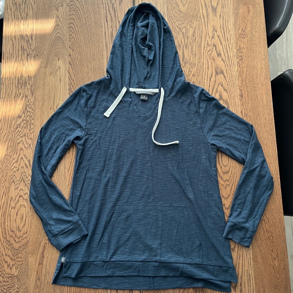 FREE FLY Bamboo Slub Hoodie Women's S Blue V-neck Pullover Lightweight